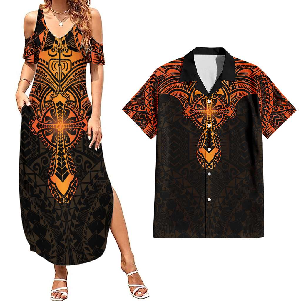Personalized Polynesia Couples Matching Summer Maxi Dress and Hawaiian Shirt With Christian Cross Orange Version LT05