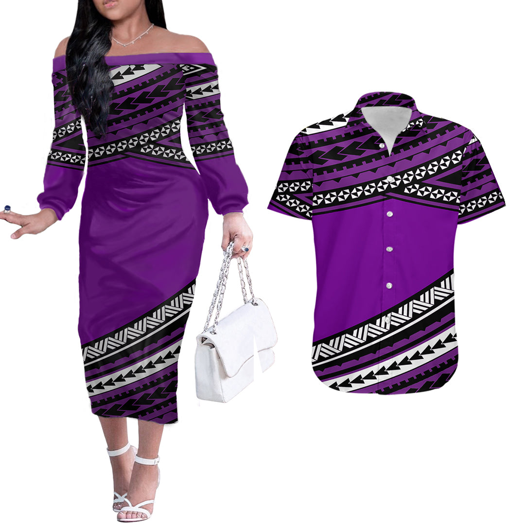 Polynesian Couples Matching Outfits Combo Long Sleeve Dress Simple Purple No.2 LT6 Purple - Polynesian Pride