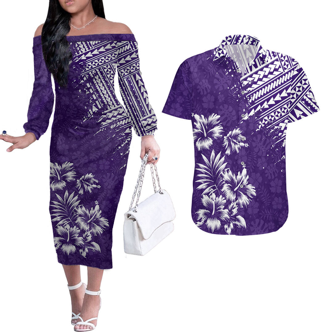 Hawaii Summer Couples Matching Outfits Combo Long Sleeve Dress Mix Polynesian Purple LT6 Purple - Polynesian Pride