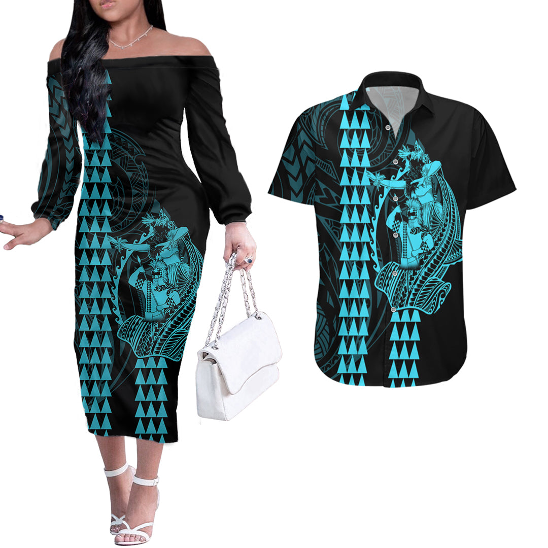Polynesian Couples Matching Outfits Long Sleeve Dress And Long Sleeve Button Shirt Hawaiian Warrior and Aloha Girl With Hammerhead Shark Tattoos Light Blue LT6 Blue - Polynesian Pride