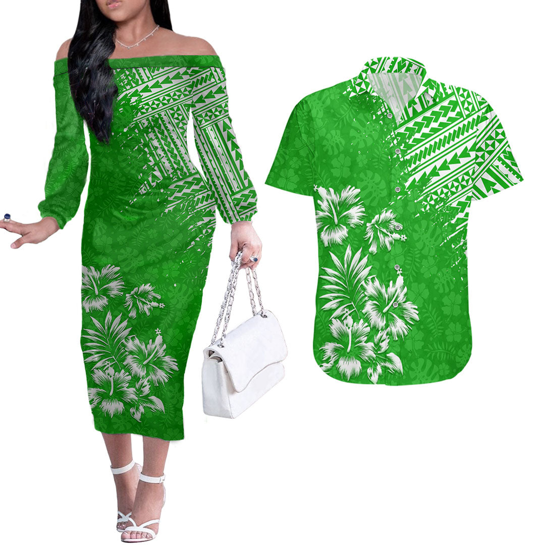 Hawaii Summer Couples Matching Outfits Combo Long Sleeve Dress Mix Polynesian Green LT6 Green - Polynesian Pride