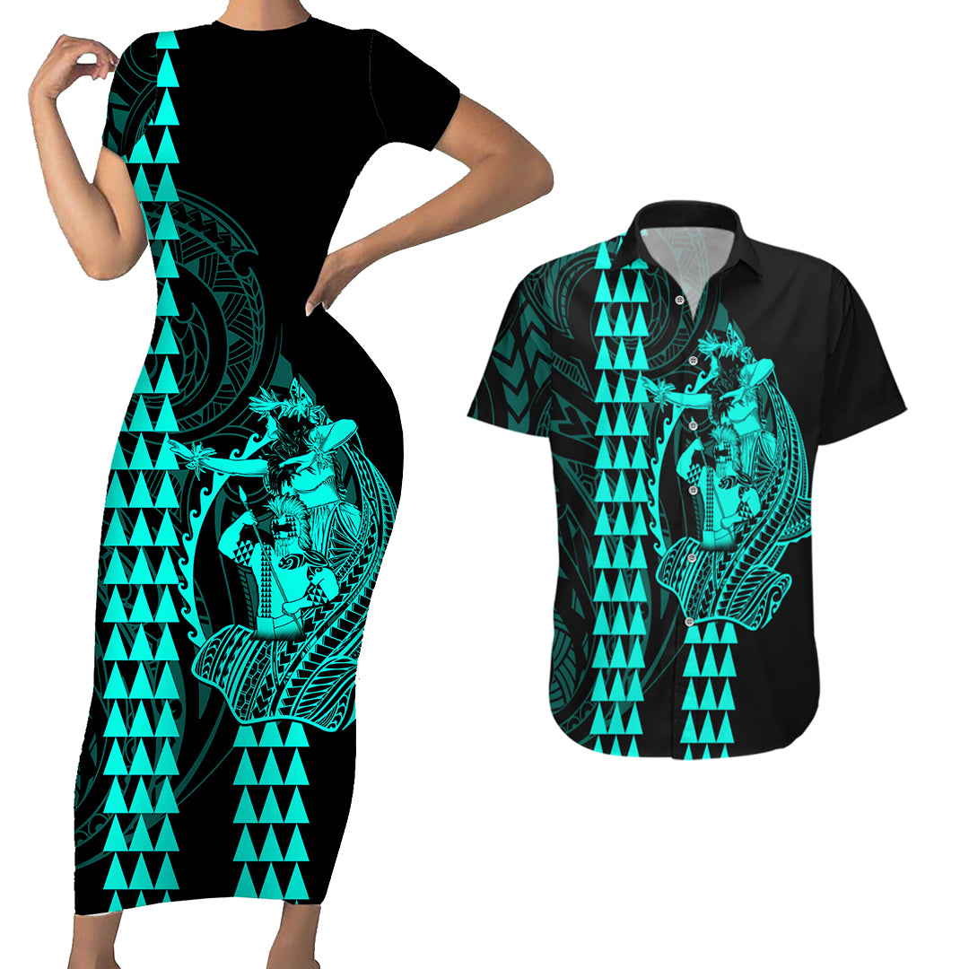 Polynesian Couples Matching Outfits Combo Bodycon Dress And Hawaii Shirt Hawaiian Warrior and Aloha Girl With Hammerhead Shark Tattoos Turquoise LT6 - Polynesian Pride