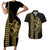 Polynesian Couples Matching Outfits Combo Bodycon Dress And Hawaii Shirt Hawaiian Warrior and Aloha Girl With Hammerhead Shark Tattoos Gold LT6 - Polynesian Pride