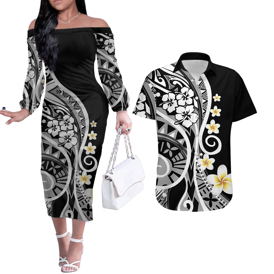 Plumeria Polynesian Couples Matching Outfits Combo Long Sleeve Dress Trending Black LT6 Black - Polynesian Pride