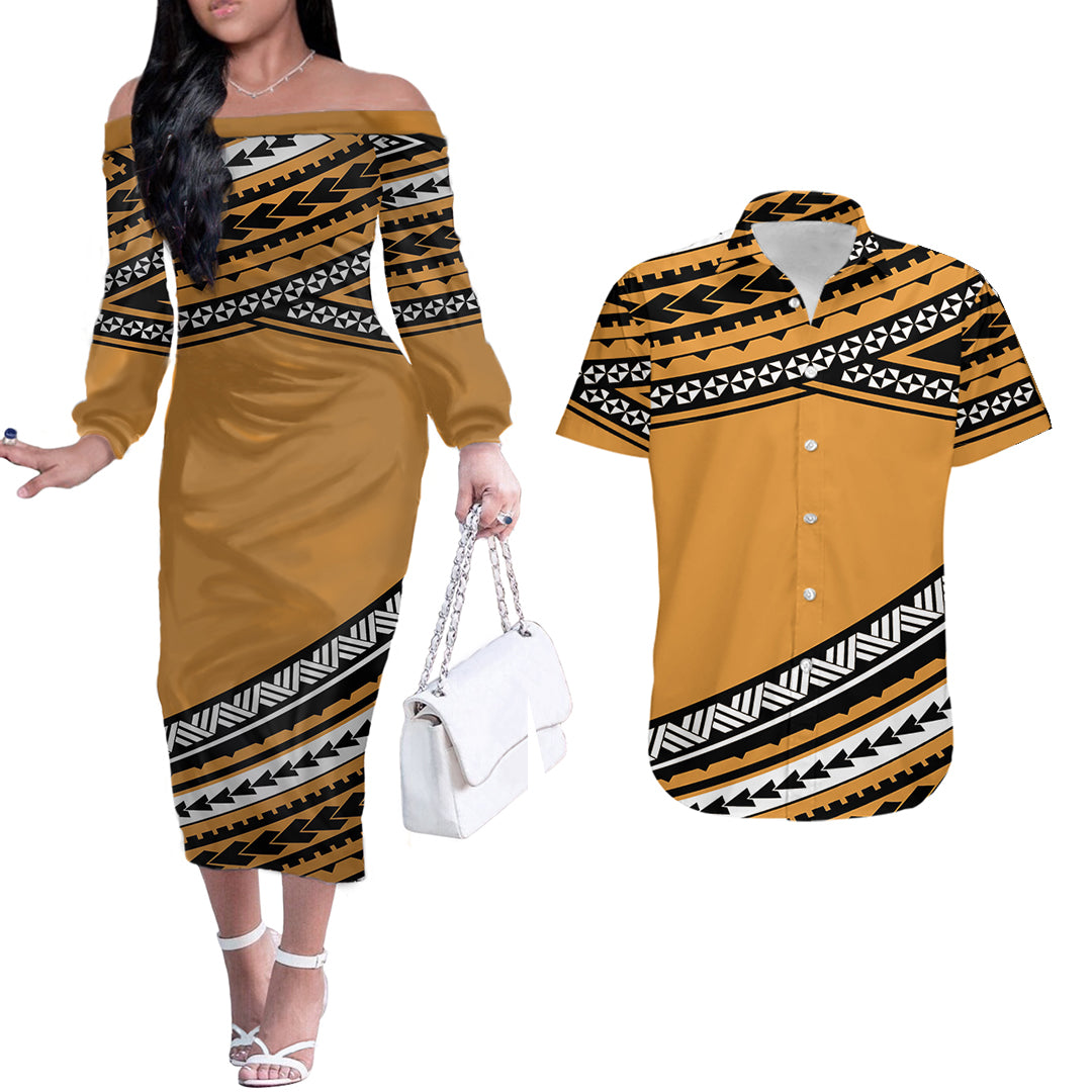 Polynesian Couples Matching Outfits Combo Long Sleeve Dress Simple Gold No.1 LT6 Gold - Polynesian Pride