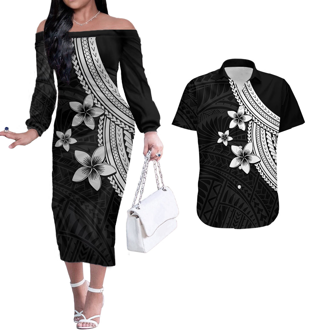Polynesian Couples Matching Outfits Combo Long Sleeve Dress With Plumeria Flower White LT6 White - Polynesian Pride