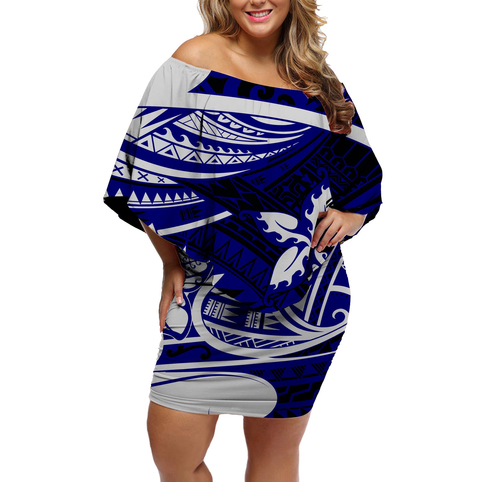 Polynesian Tribal Off Shoulder Short Dress Blue LT6 Women Blue - Polynesian Pride