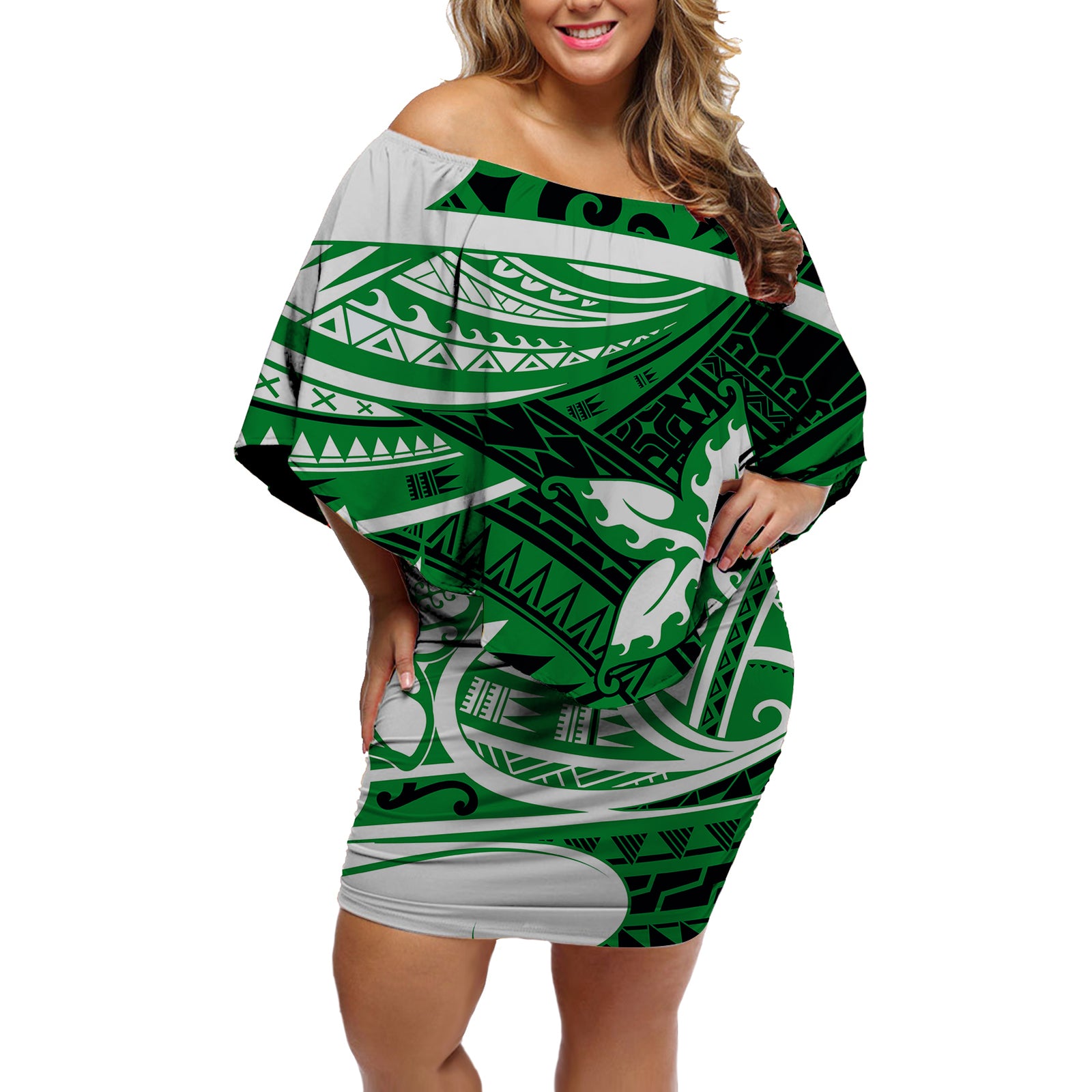 Polynesian Tribal Off Shoulder Short Dress Green LT6 Women Green - Polynesian Pride