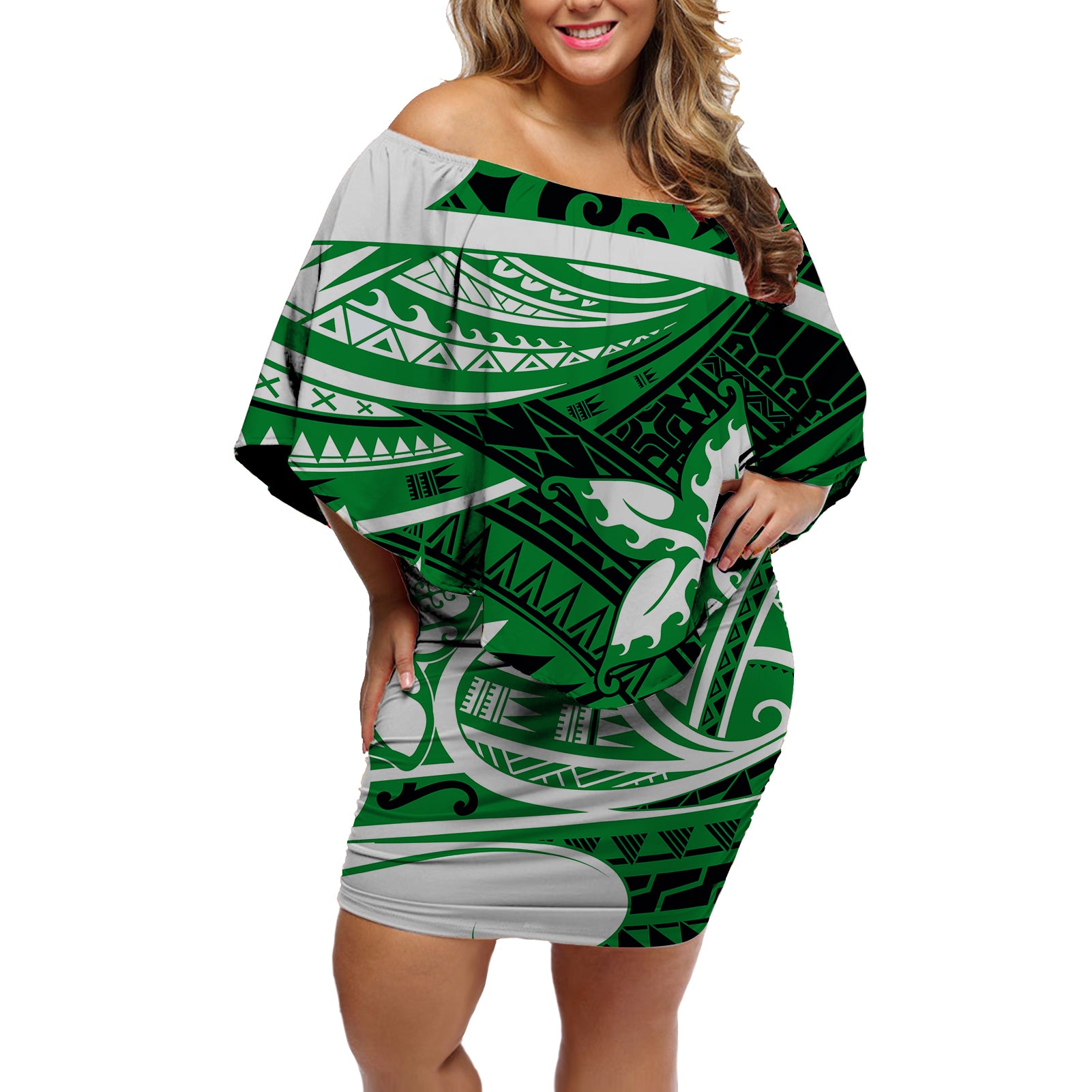 Polynesian Tribal Off Shoulder Short Dress Green LT6 Women Green - Polynesian Pride