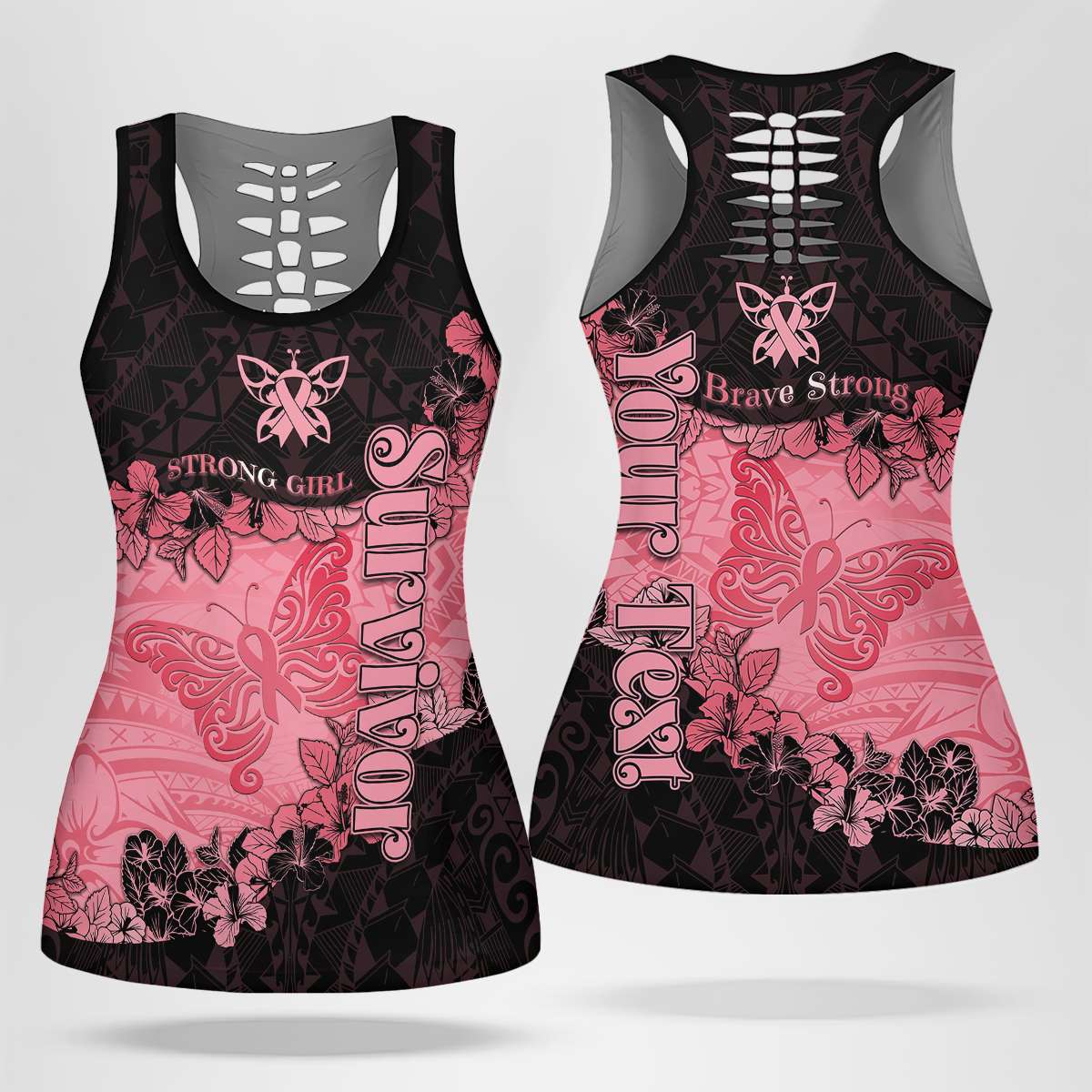 Personalised Breast Cancer Hollow Tank Top Survivor Polynesian Ribbon Butterfly LT05