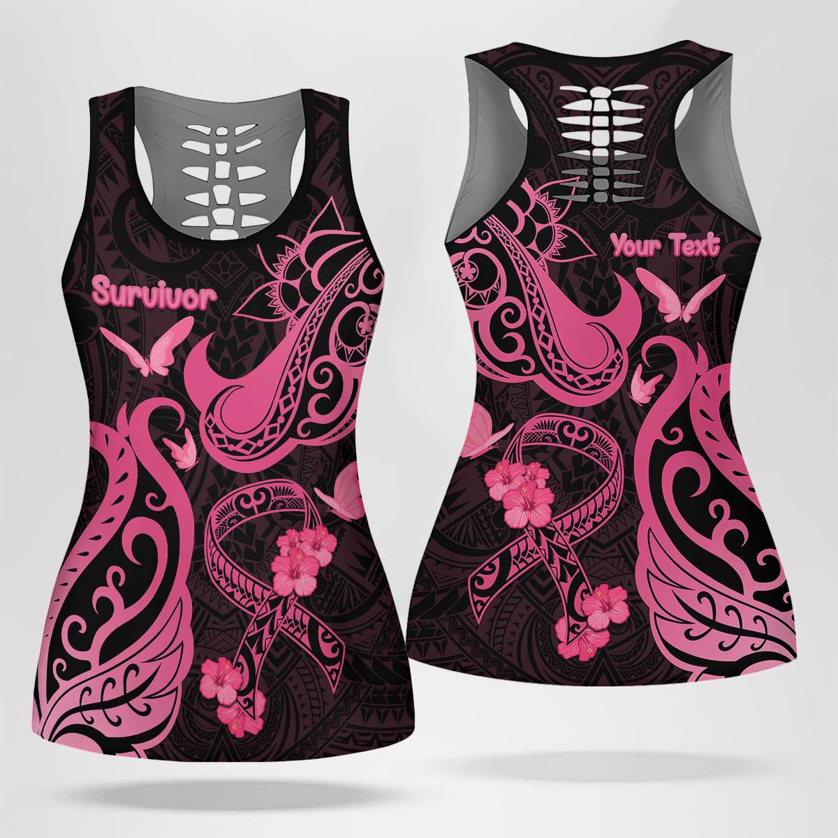 Personalised Breast Cancer Awareness Hollow Tank Top Ribbon Polynesian Pattern Black Version LT05