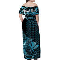 Hawaii Hammerhead Shark Off Shoulder Long Dress Polynesian Kakau With Kanaka Turquoise LT14 - Polynesian Pride