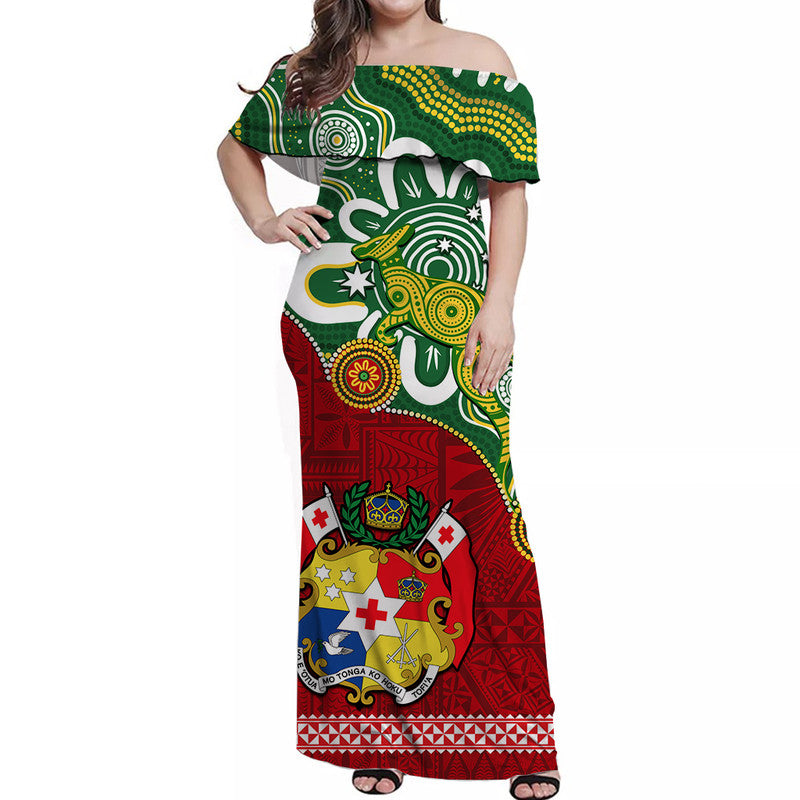 Personalised Australia And Tonga Off Shoulder Long Dress Aboriginal Mix Tongan Ngatu Unique LT14 Women Green - Polynesian Pride