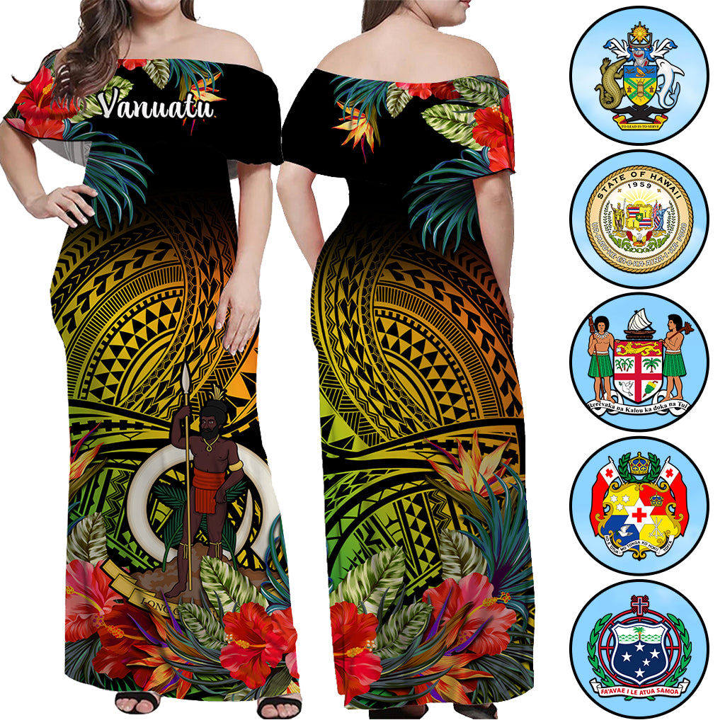 Custom Polynesian Off Shoulder Maxi Dress Coat Of Arms Tropical Flowers CTM14 Women - Polynesian Pride