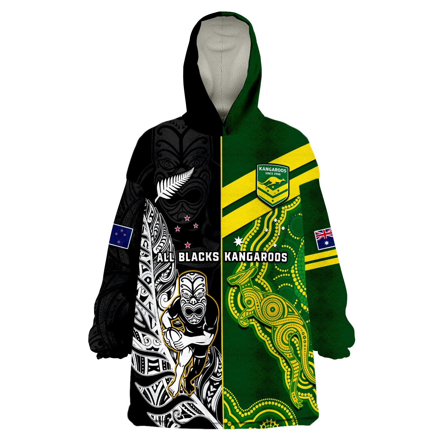 (Custom Personalised) Australia Kangaroos And All Black Rugby Wearable Blanket Hoodie Aboriginal Mix NZ Maori Fern LT14