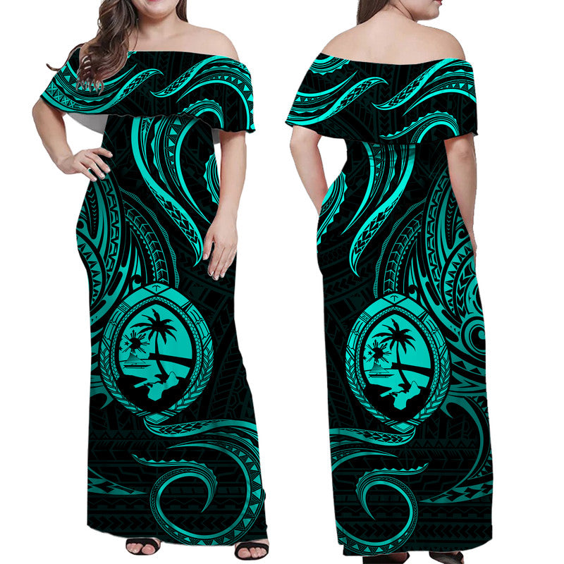 Polynesian Matching Dress and Hawaiian Shirt Guam Coat of Arms with Polynesian Tribal Tattoo Turquoise Version LT9 - Polynesian Pride