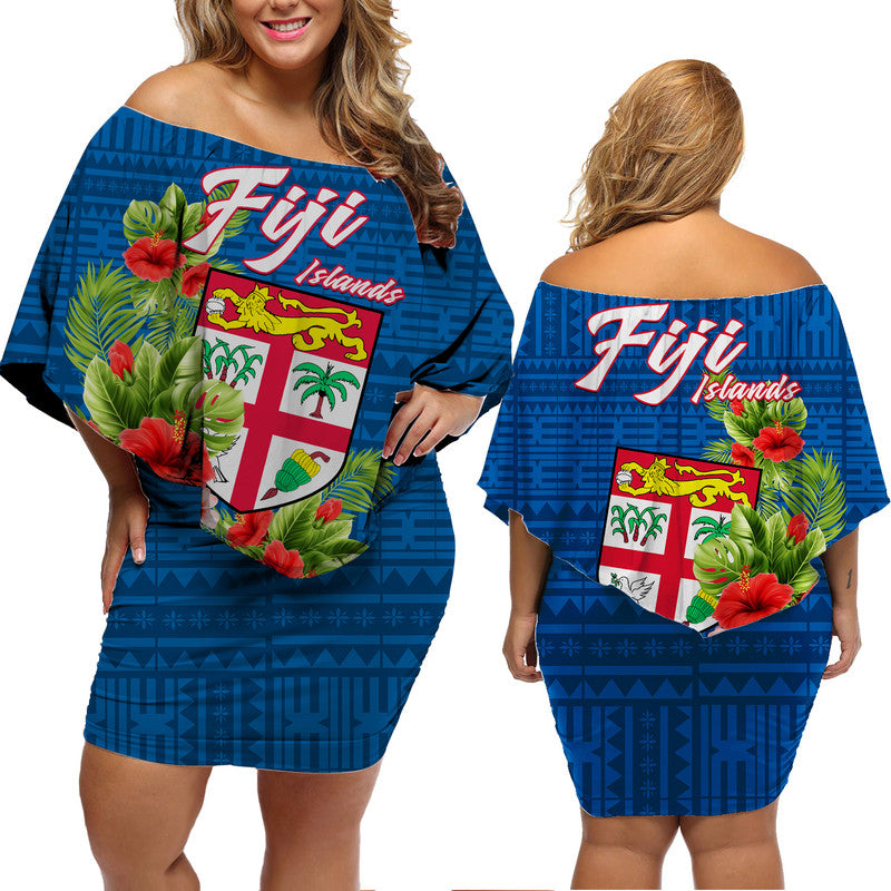 Fiji Islands Off Shoulder Short Dress Tropical Flowers and Tapa Pattern LT9 Women Blue - Polynesian Pride