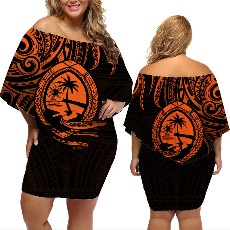 Polynesian Pride Guam With Polynesian Tribal Tattoo and Coat of Arms Off Shoulder Short Dress Orange Version LT9 Women Orange - Polynesian Pride