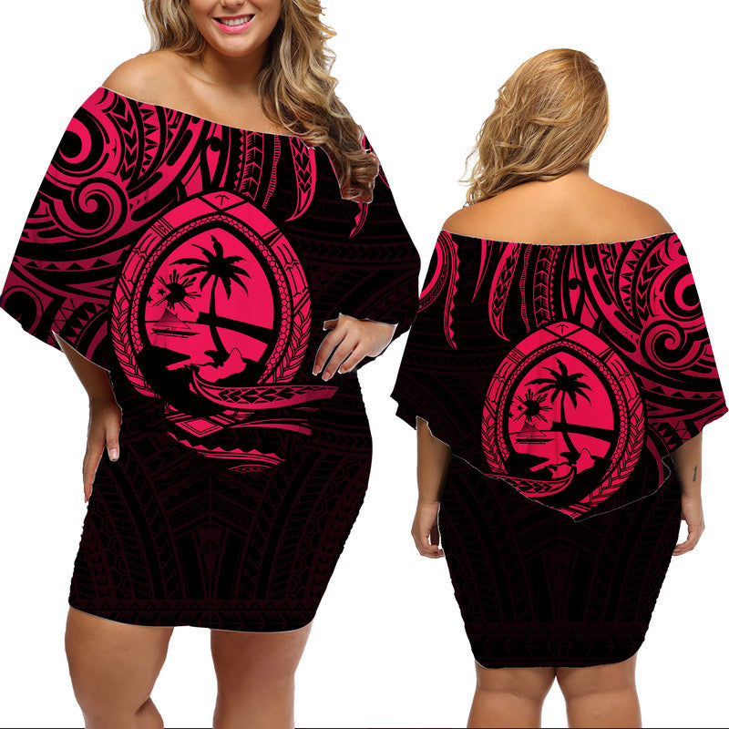 Polynesian Pride Guam With Polynesian Tribal Tattoo and Coat of Arms Off Shoulder Short Dress Pink Version LT9 Women Pink - Polynesian Pride