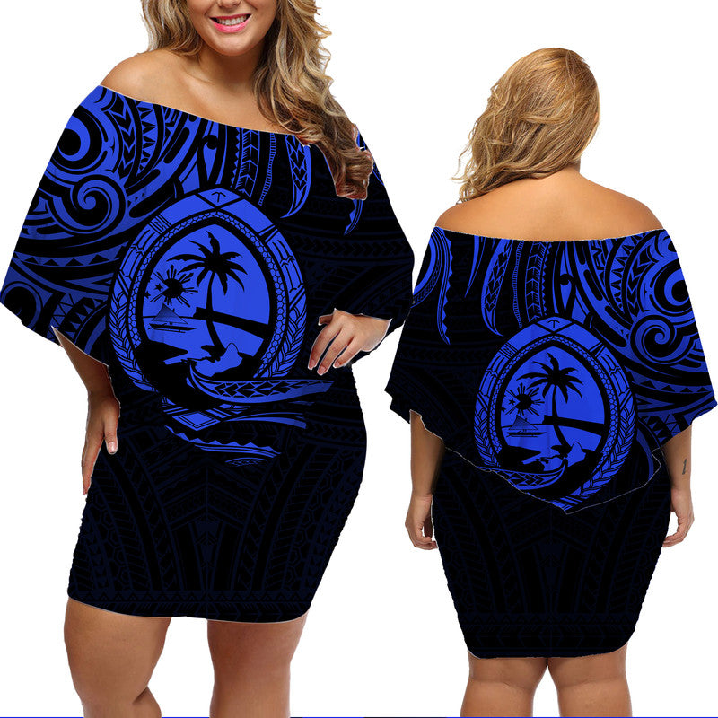 Polynesian Pride Guam With Polynesian Tribal Tattoo and Coat of Arms Off Shoulder Short Dress Blue Version LT9 Women Blue - Polynesian Pride