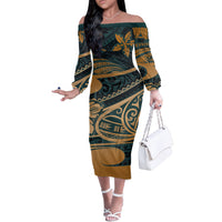 Polynesian Tribal Off Shoulder Long Sleeves Dress LT6 Women Green - Polynesian Pride