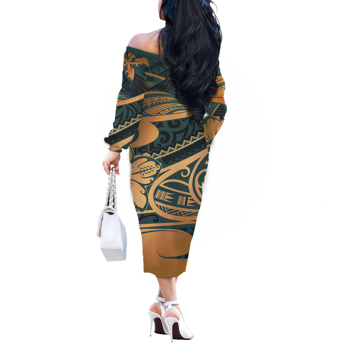 Polynesian Tribal Off Shoulder Long Sleeves Dress LT6 - Polynesian Pride