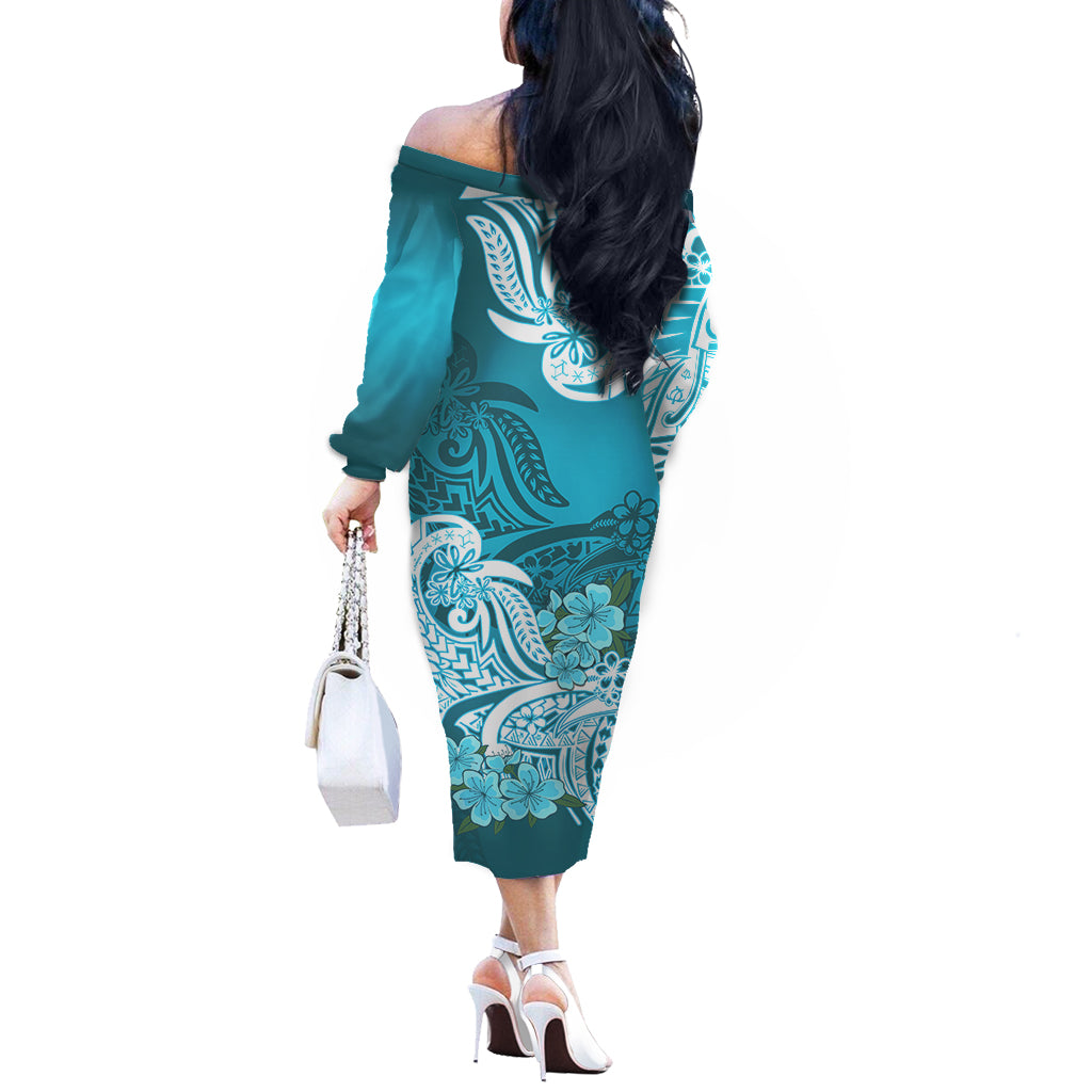 Polynesian Floral Tribal Off Shoulder Long Sleeves Dress Teal LT9 - Polynesian Pride
