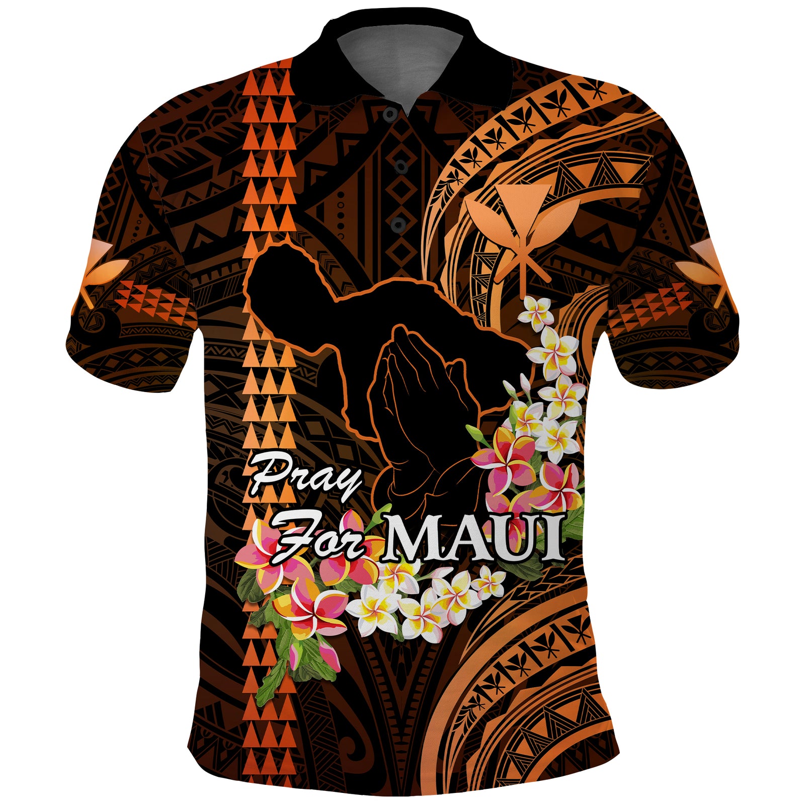 Personalised Hawaii Polo Shirt Pray For Maui Hawaiian Plumeria Pattern Gold Version LT14 Gold - Polynesian Pride