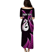 Personalised New Zealand Couples Puletasi Dress and Hawaiian Shirt Aotearoa Silver Fern With Manaia Maori Unique Pink LT14 - Polynesian Pride