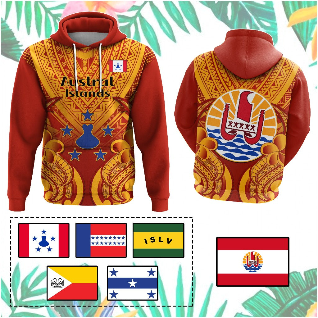 Custom French Polynesian Hoodie Five Groups Of Islands Flag Plumeria Polynesian Tribal CTM14 Pullover Hoodie - Polynesian Pride