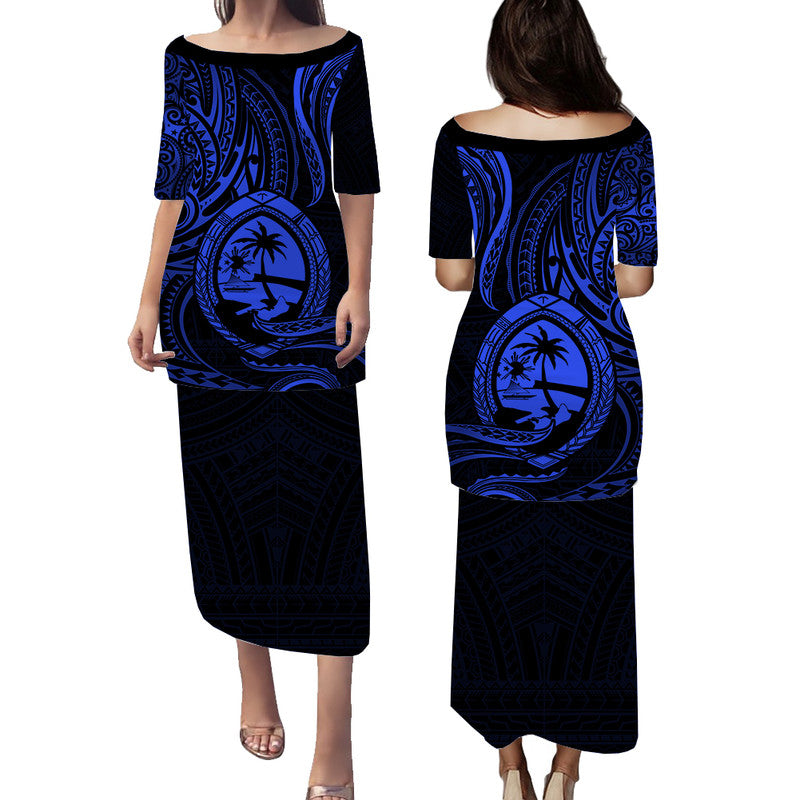 Polynesian Pride Guam With Polynesian Tribal Tattoo and Coat of Arms Puletasi Dress Blue Version LT9 Long Dress Blue - Polynesian Pride