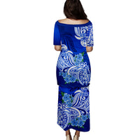 Polynesian Matching Couple Outfit Floral Tribal Puletasi Dress and Hawaiian Shirt Blue LT9 - Polynesian Pride