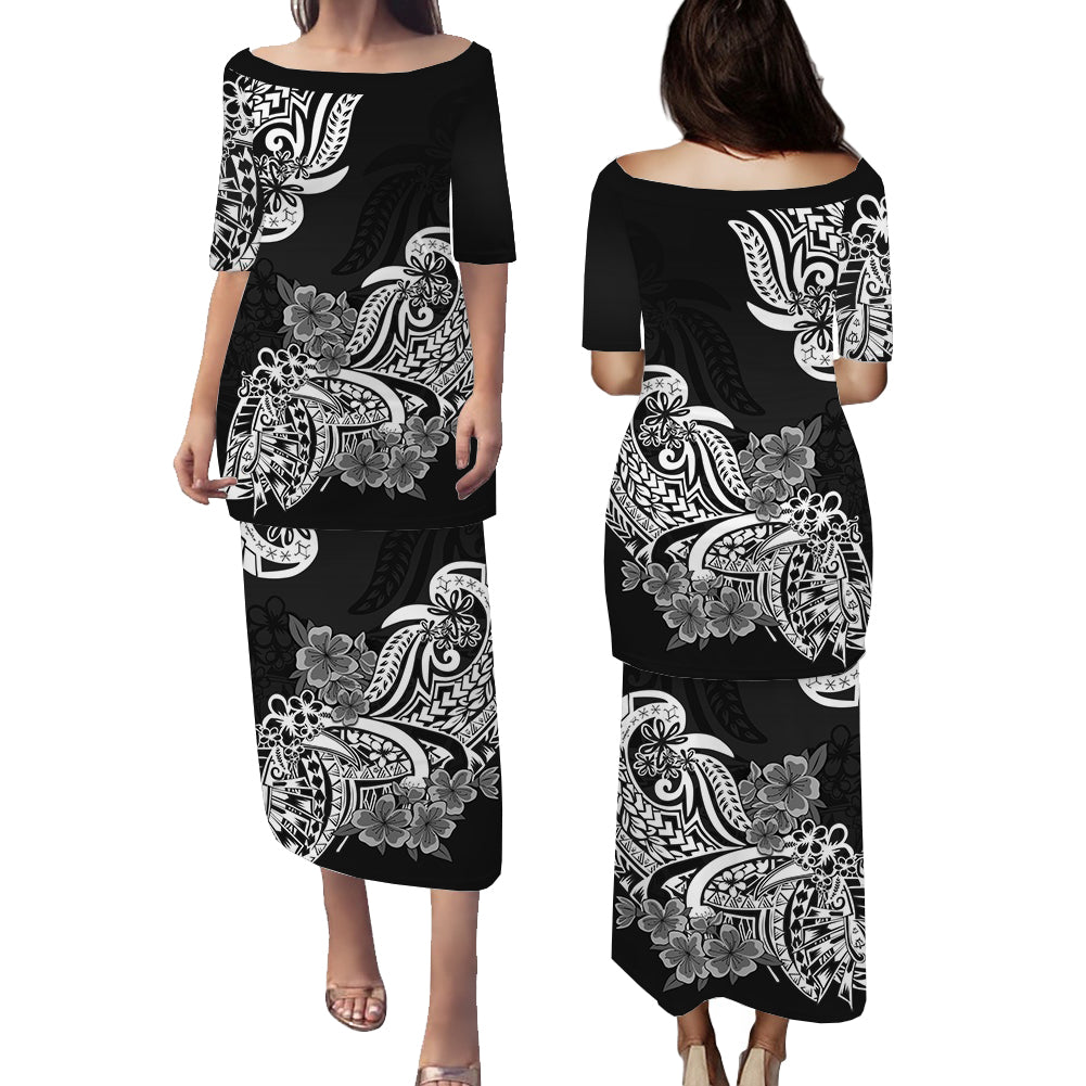 Polynesian Matching Couple Outfit Floral Tribal Puletasi Dress and Hawaiian Shirt Black LT9 - Polynesian Pride