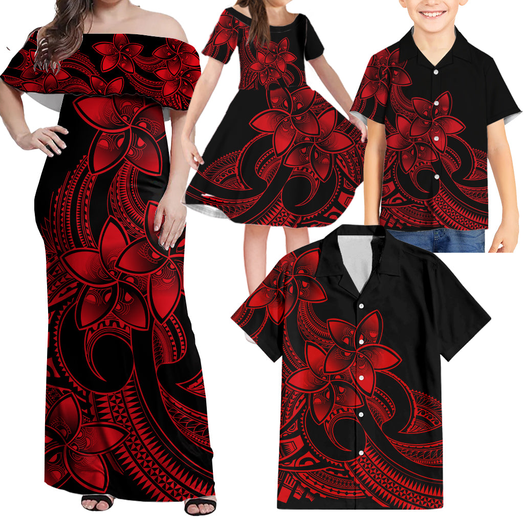 Polynesian Matching Outfit For Family Plumeria Flowers Long Dress Hawaiian Shirt Polynesian Tribal Red Vibe LT9 - Polynesian Pride