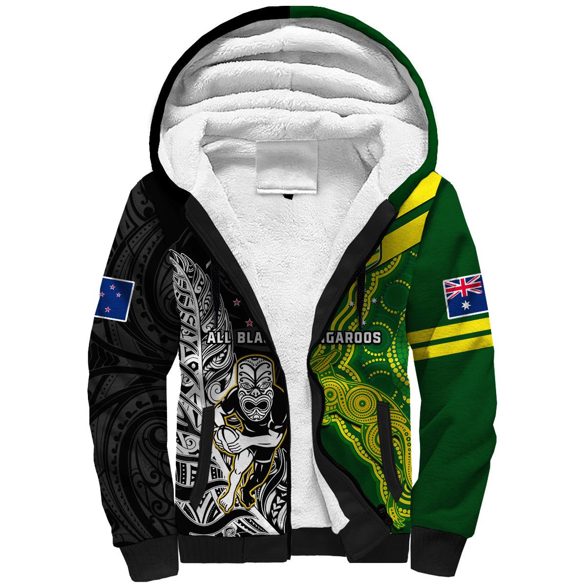 (Custom Personalised) Australia Kangaroos And All Black Rugby Sherpa Hoodie Aboriginal Mix NZ Maori Fern LT14