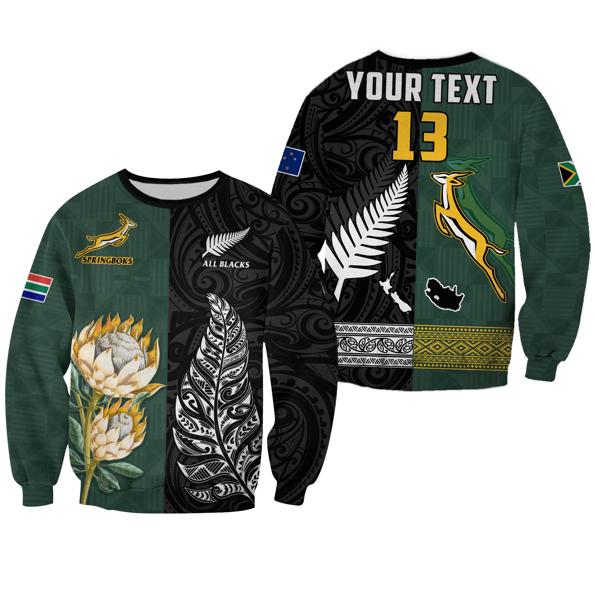 (Custom Text and Number) South Africa Protea and New Zealand Fern Sweatshirt Rugby Go Springboks vs All Black LT13 Unisex Art - Polynesian Pride