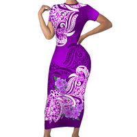 Polynesian Couple Matching Outfit Floral Tribal Combo Short Sleeve Bodycon Long Dress and Hawaiian Shirt Purple LT9 - Polynesian Pride