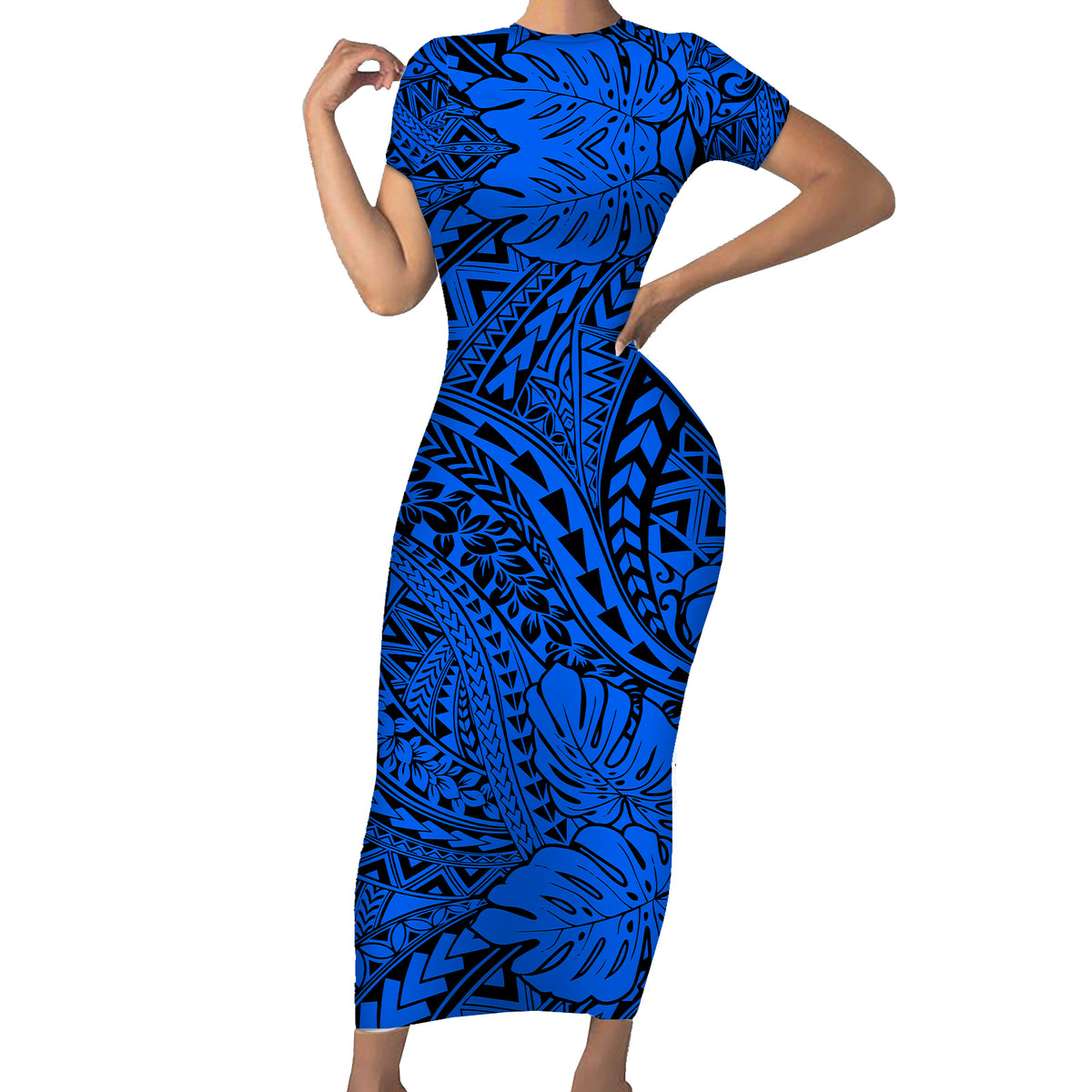 Hawaii Couples Matching Short Sleeve Bodycon Dress and Hawaiian Shirt Blue Polynesian Tribal Art LT14 - Polynesian Pride