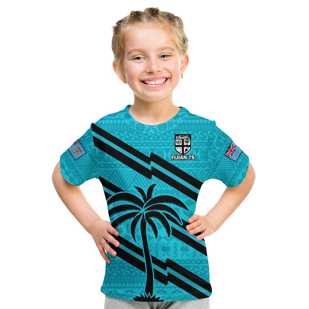 Fiji Rugby Tapa Pattern Fijian 7s Cyan Kid T Shirt LT14 Youth XL Size14 - Polynesian Pride