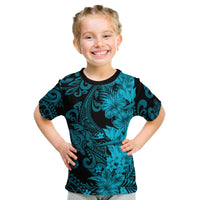 Hawaii Flowers Mix Tribal Pattern T Shirt KID LT6 Blue - Polynesian Pride