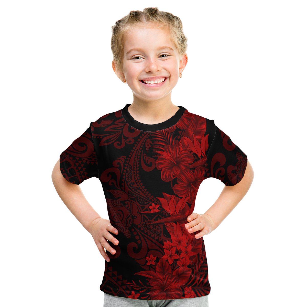 Hawaii Flowers Mix Tribal Pattern T Shirt KID LT6 Red - Polynesian Pride