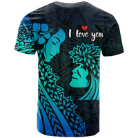 Custom Polynesian Valentine Couple T Shirt I LOVE YOU Hibiscus Style Blue LT13 - Polynesian Pride