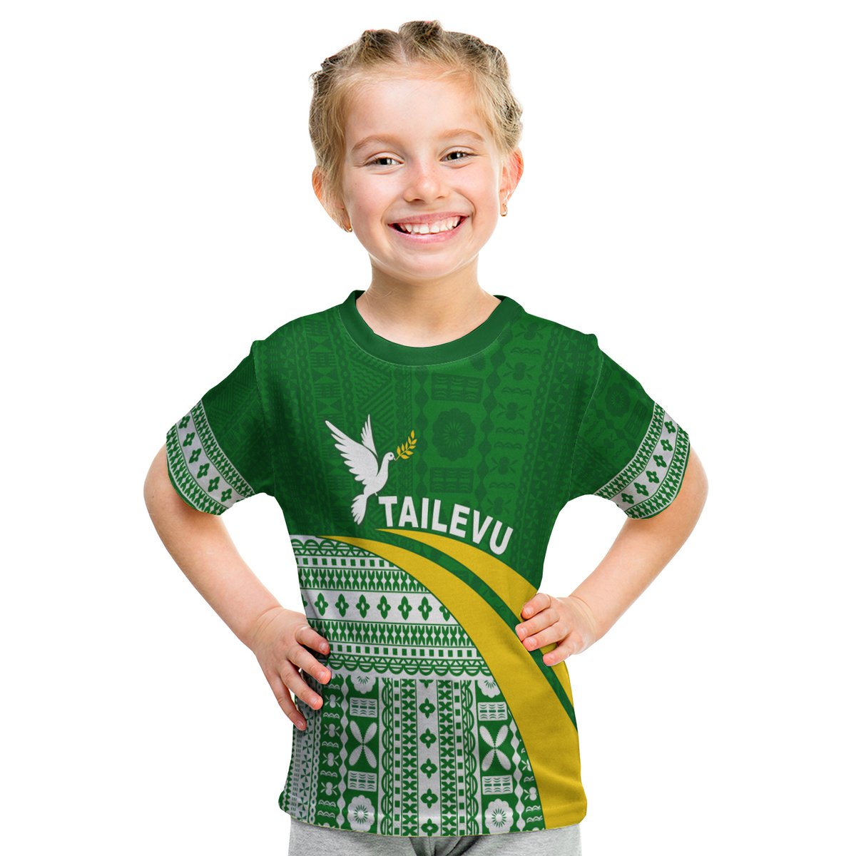 Tailevu Rugby T Shirt Kid Fiji Rugby Tapa Pattern Green LT13 Youth XL Size14 - Polynesian Pride