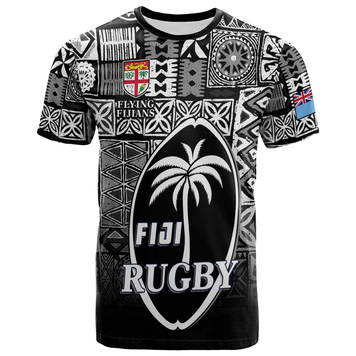 (Custom Text and Number) Fiji Rugby T Shirt Flying Fijians Black Tapa Pattern LT13 - Polynesian Pride