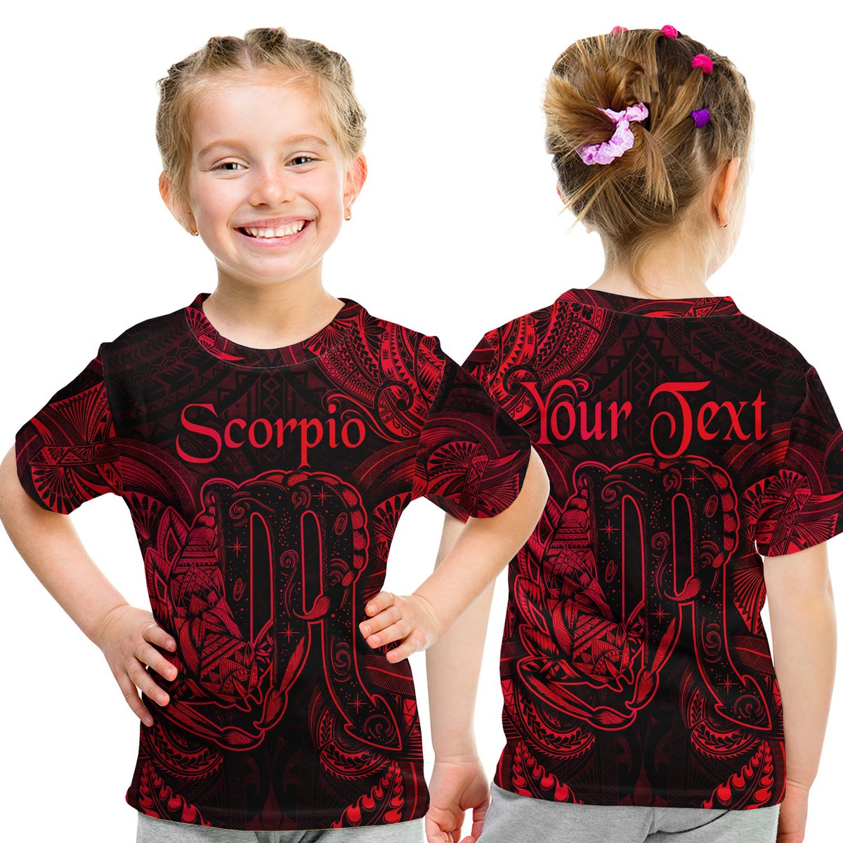 (Custom Personalised) Scorpio Zodiac Polynesian T Shirt Kid Unique Style - Red LT8 Youth XL Size14 - Polynesian Pride