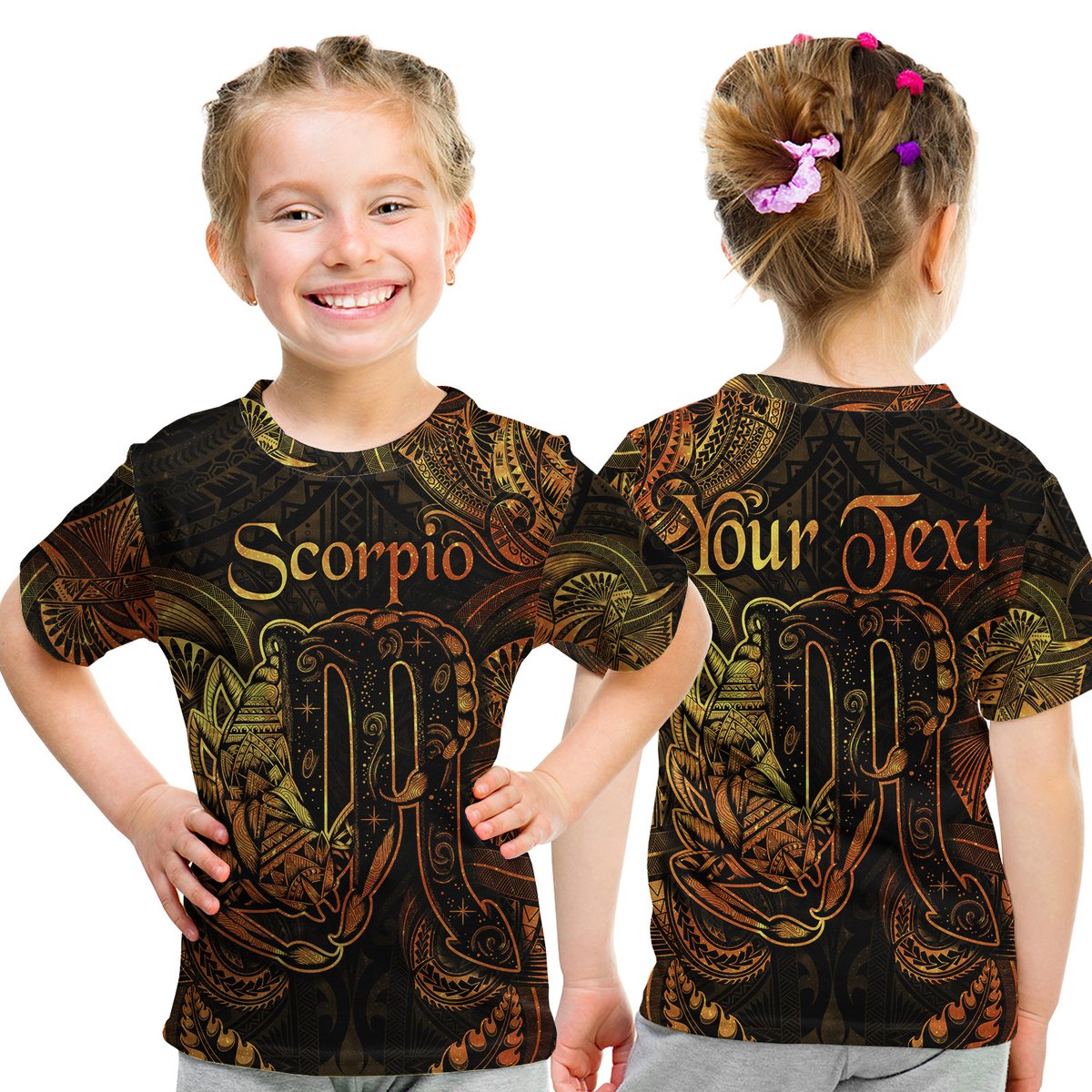 (Custom Personalised) Scorpio Zodiac Polynesian T Shirt Kid Unique Style - Gold LT8 Youth XL Size14 - Polynesian Pride