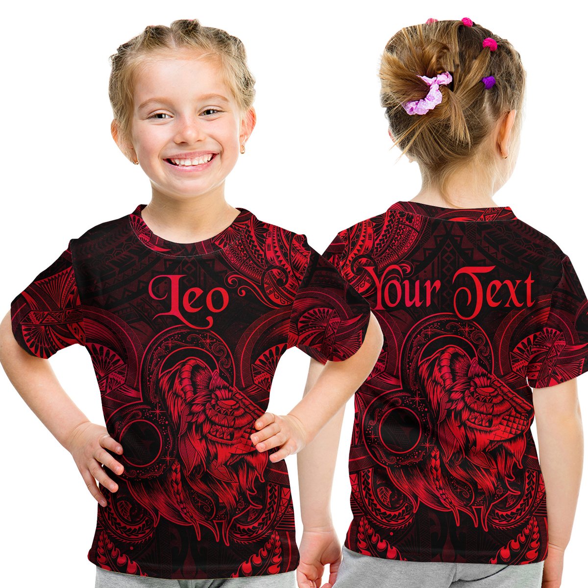 (Custom Personalised) Leo Zodiac Polynesian T Shirt Kid Unique Style - Red LT8 Youth XL Size14 - Polynesian Pride