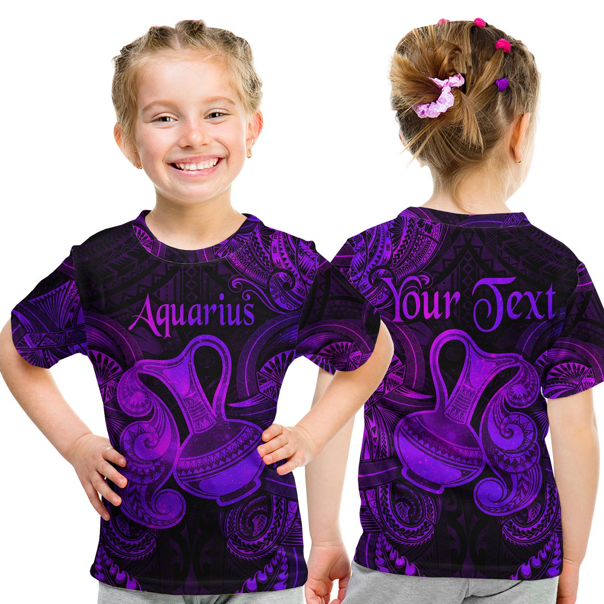 (Custom Personalised) Aquarius Zodiac Polynesian T Shirt Kid Unique Style - Purple LT8 Youth XL Size14 - Polynesian Pride