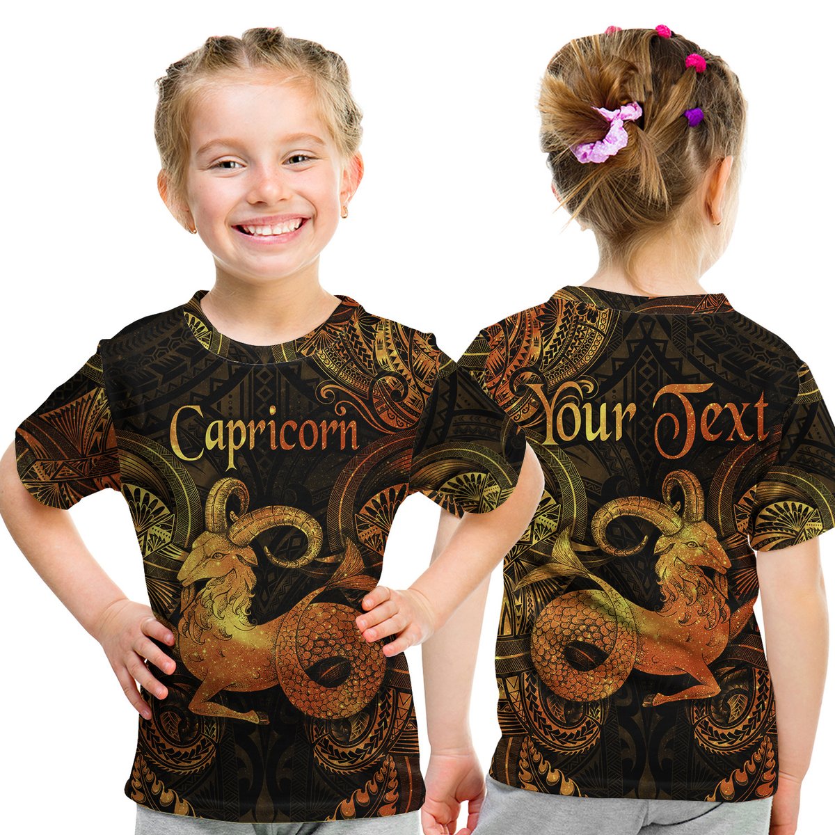 (Custom Personalised) Capricorn Zodiac Polynesian T Shirt Kid Unique Style - Gold LT8 Youth XL Size14 - Polynesian Pride