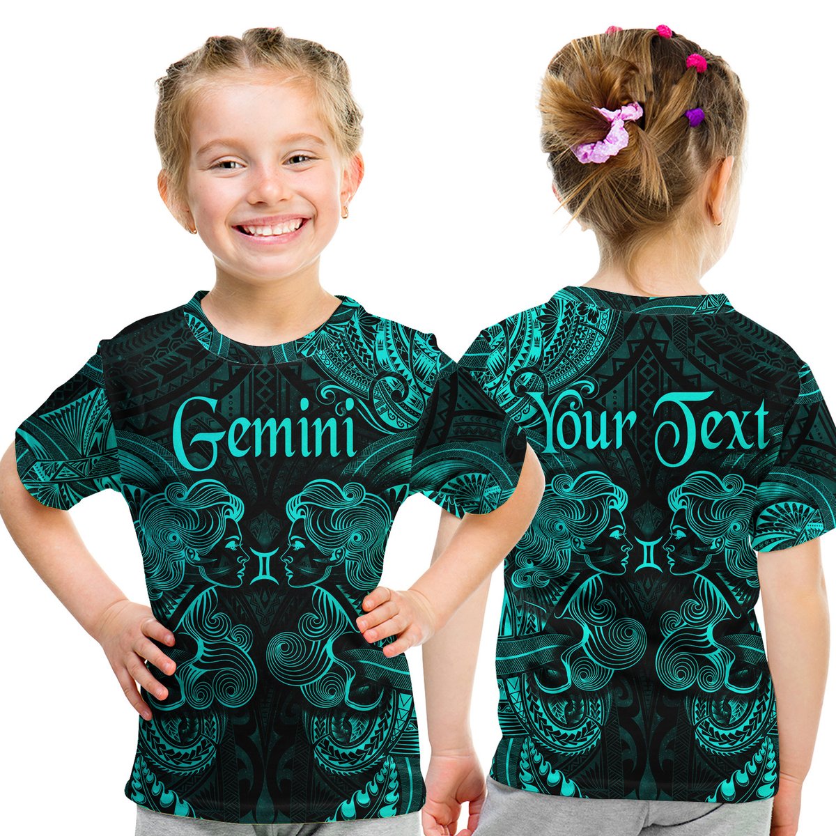 (Custom Personalised) Gemini Zodiac Polynesian T Shirt Kid Unique Style - Turquoise LT8 Youth XL Size14 - Polynesian Pride